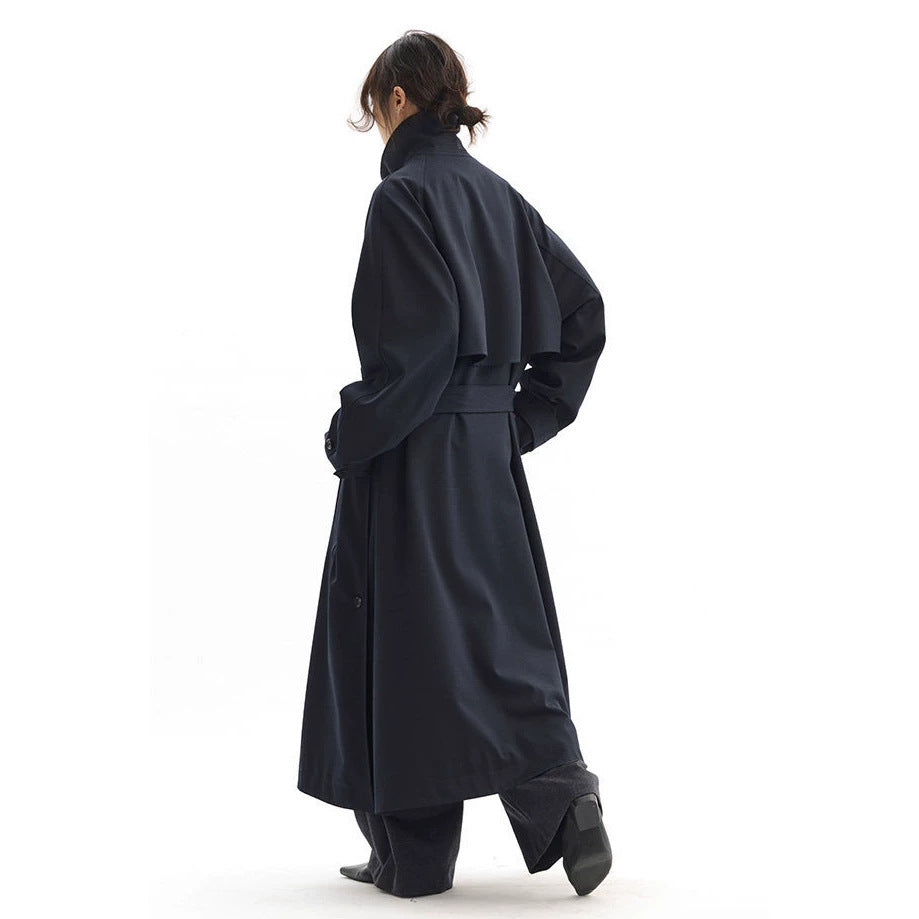 Ladies Fashionable Long Coat with High Neck Collar and Waist Belt Mune Fashion