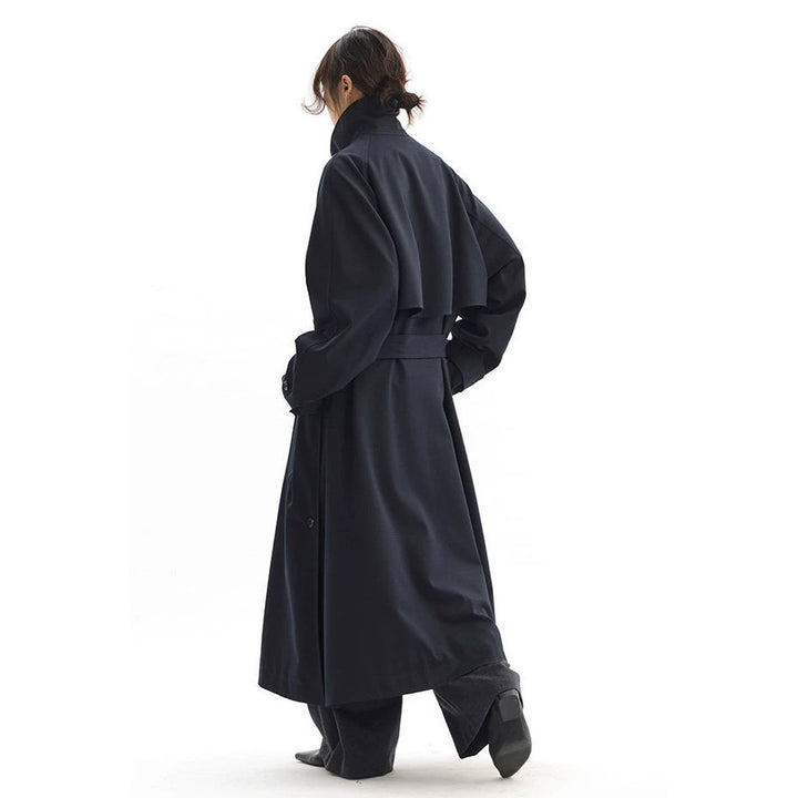 Ladies Fashionable Long Coat with High Neck Collar and Waist Belt Mune Fashion