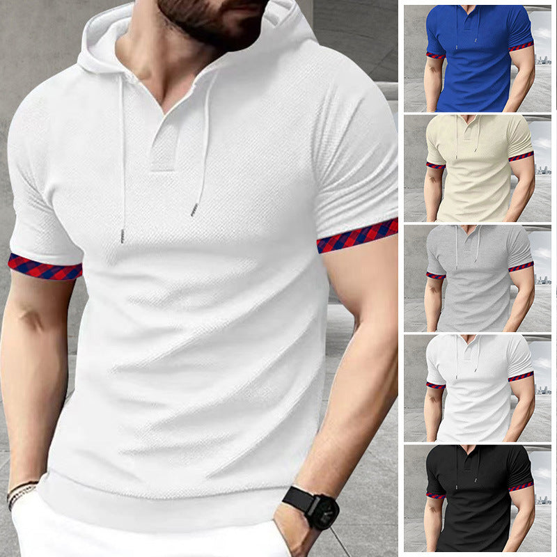 Men's slim fit short sleeve hooded shirt in polo style with Henley neckline and checkered sleeve cuff Mune Fashion