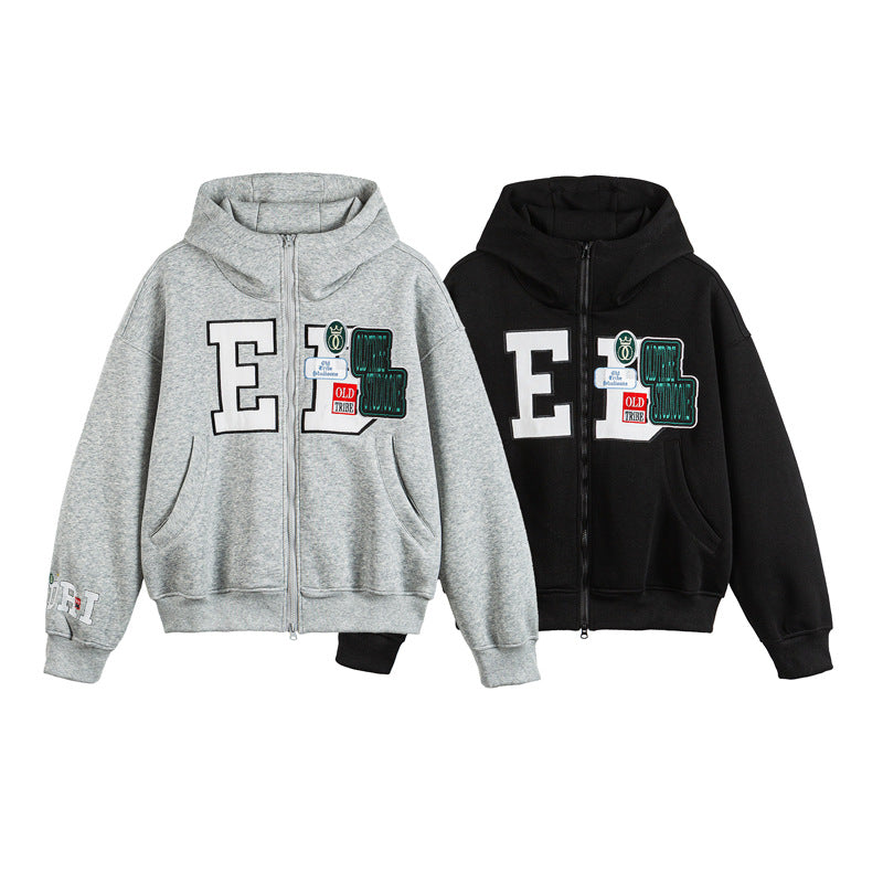 Unisex Oversize Hoodie Zip Jacket with Collegiate Patches Mune Fashion