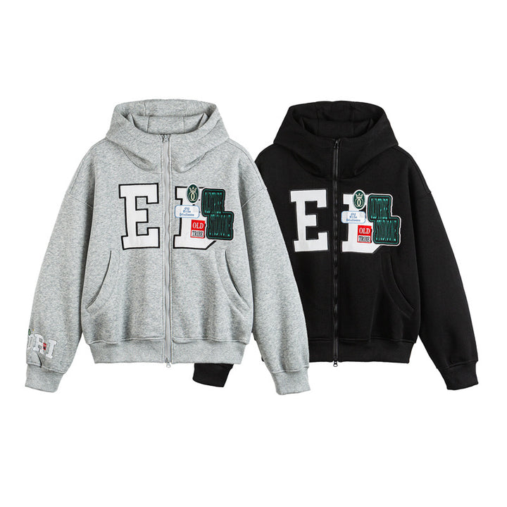 Unisex Oversize Hoodie Zip Jacket with Collegiate Patches Mune Fashion