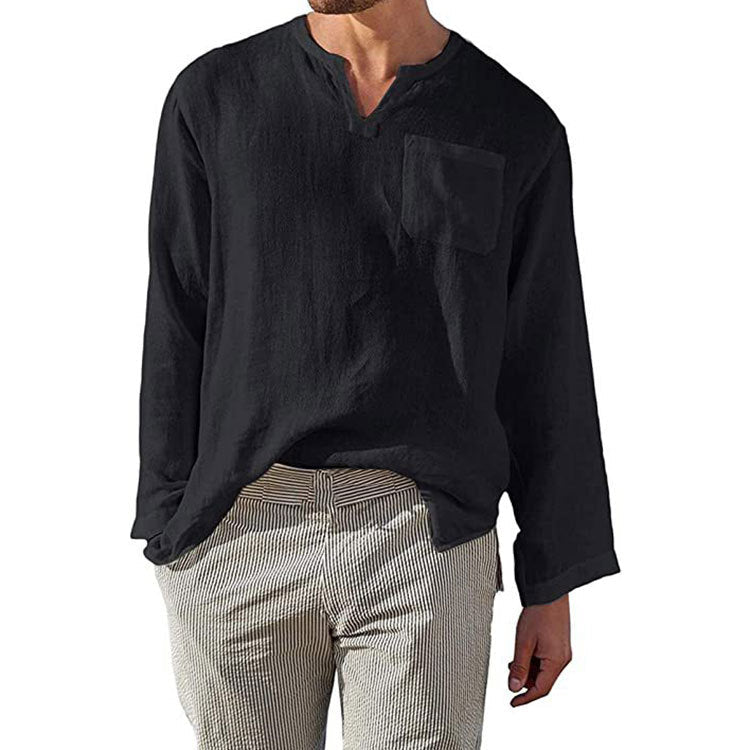 Men's Linen Long Sleeve Shirt with Henley Neckline and Chest Pocket Mune