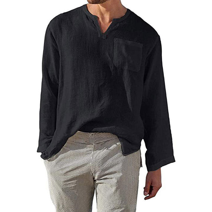 Men's Linen Long Sleeve Shirt with Henley Neckline and Chest Pocket Mune