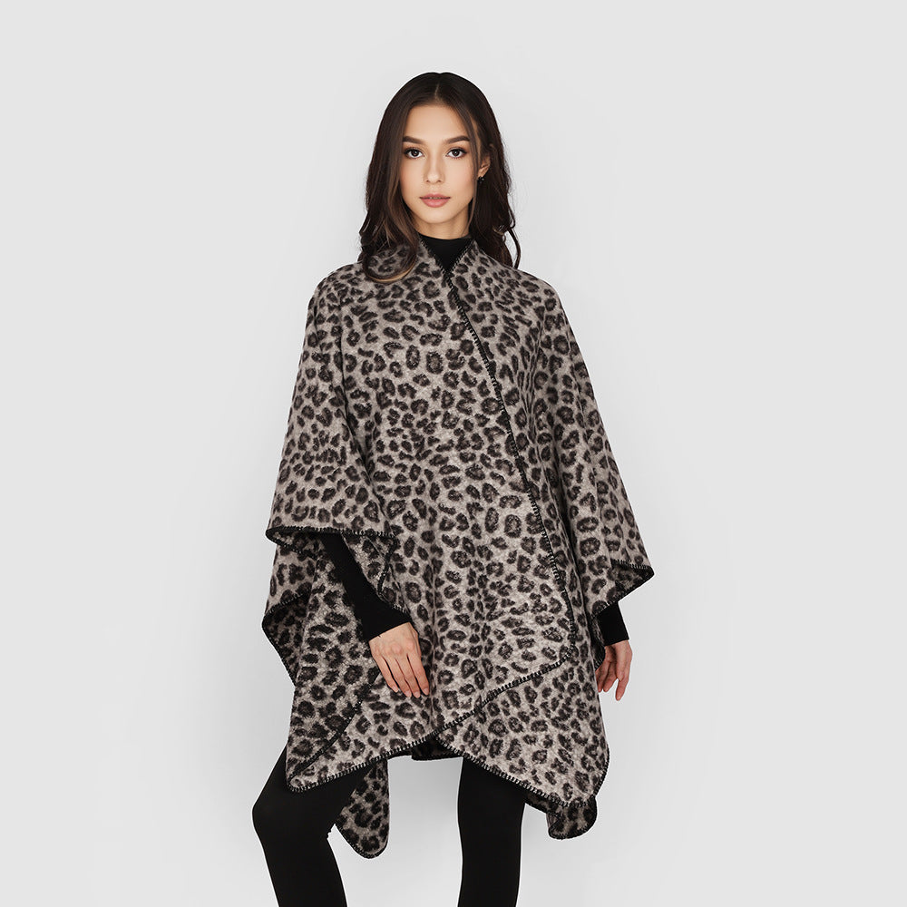 Women's Rectangular Wrap Ruana with Leopard Boucle and Fine Overlock Edging Mune Fashion