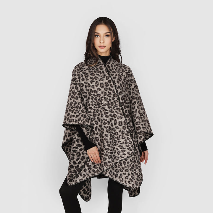 Women's Rectangular Wrap Ruana with Leopard Boucle and Fine Overlock Edging Mune Fashion
