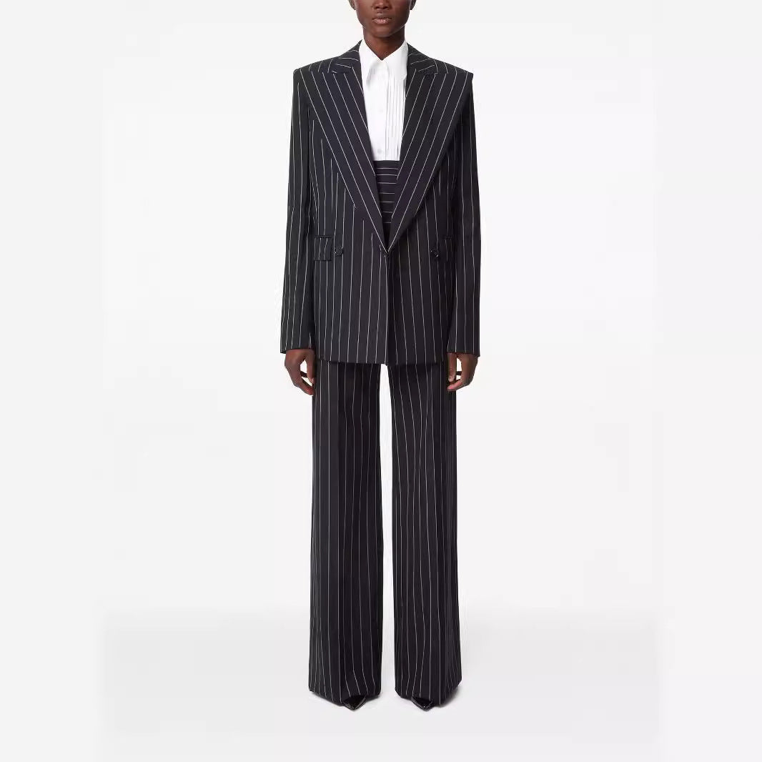 Women Oversize Pinstripe Two-Piece Tailoring Suit with Wide High-Waist Trouser Leg Mune Fashion
