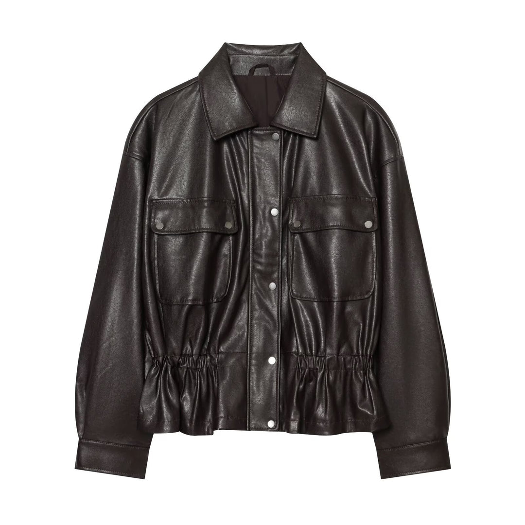 Women’s cropped jacket in oversized look made of faux leather with drawstring waist Mune Fashion