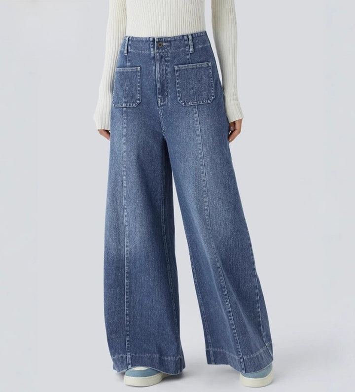 Ladies high-waisted jeans palazzo pants with wide legs and patch front pockets Mune Fashion
