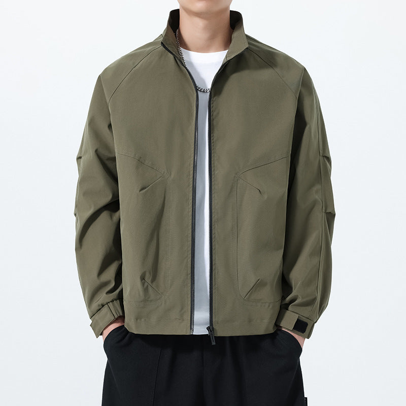 Men's Lightweight Utility Transitional Jacket with Stand Collar, Raglan Sleeves, and Adjustable Velcro Cuffs Mune Fashion