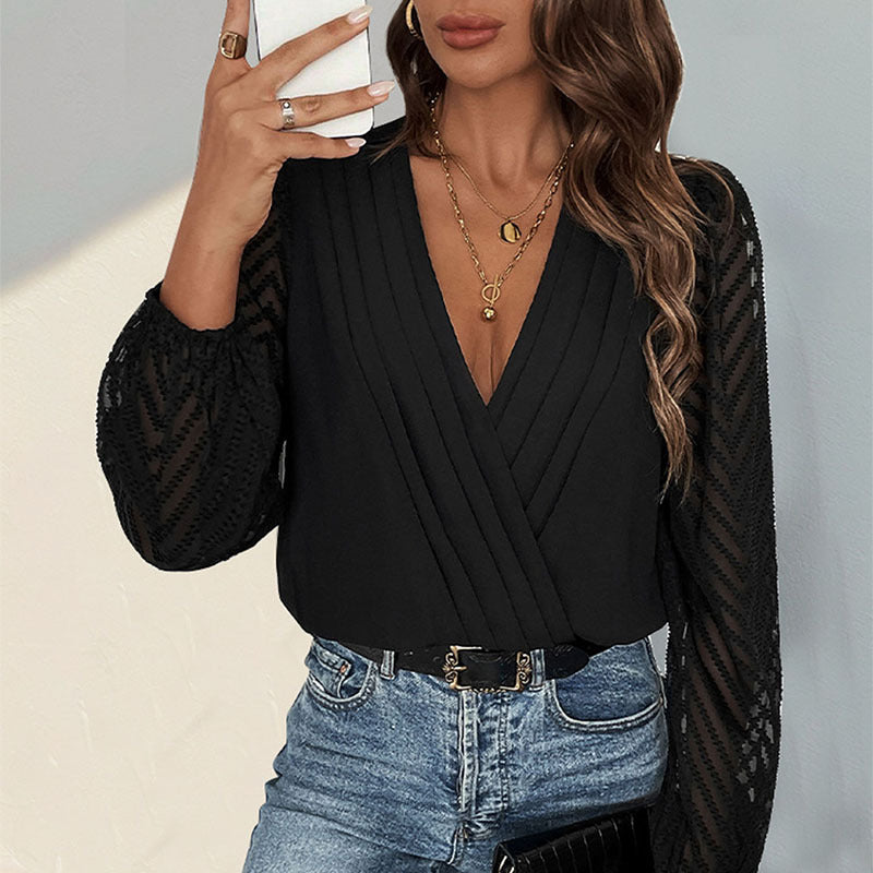 Ladies V-neck blouse with decorative pleated yoke and transparent chevron sleeves Mune Fashion