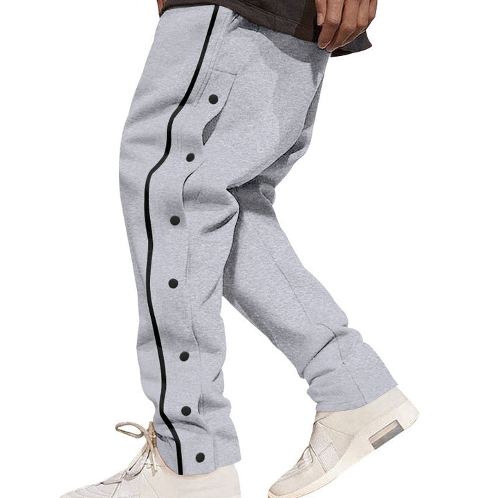 Men's loose track pants with side snap button placket, elastic waistband, and reflective streamline stripe Mune Fashion