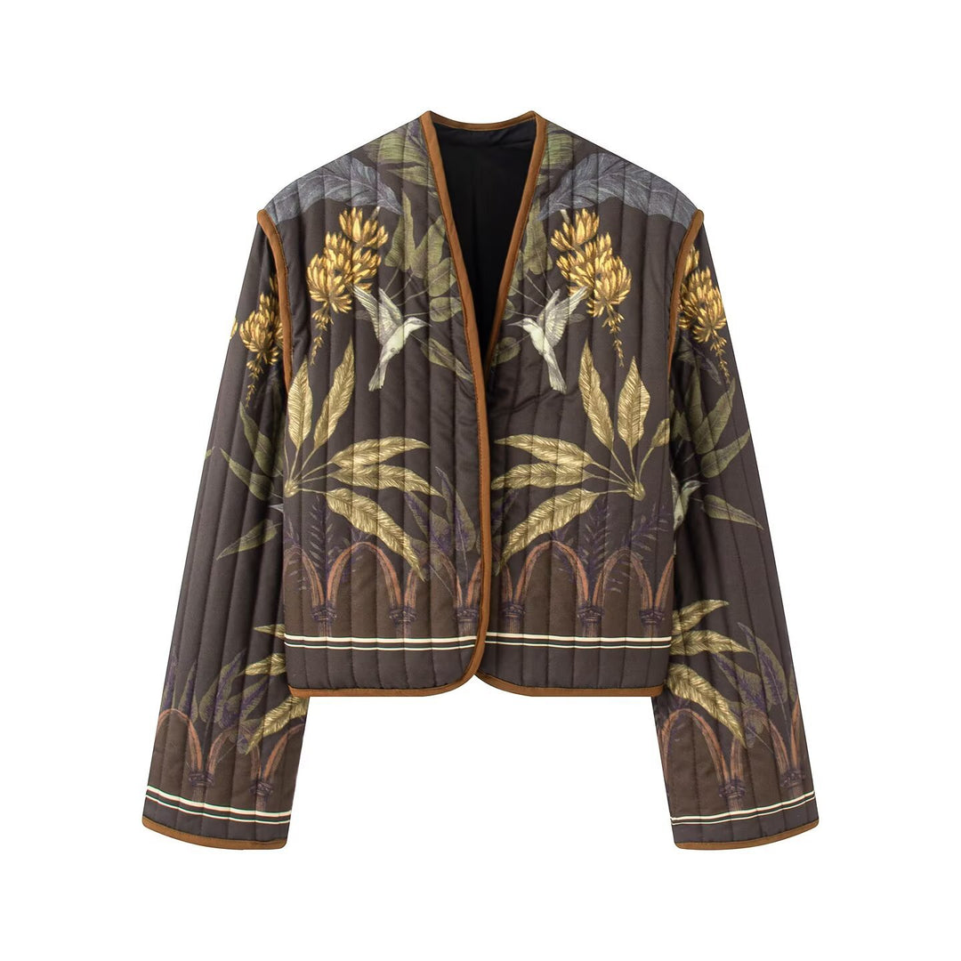 Women's quilted jacket with botanical print and open kimono cut Mune Fashion