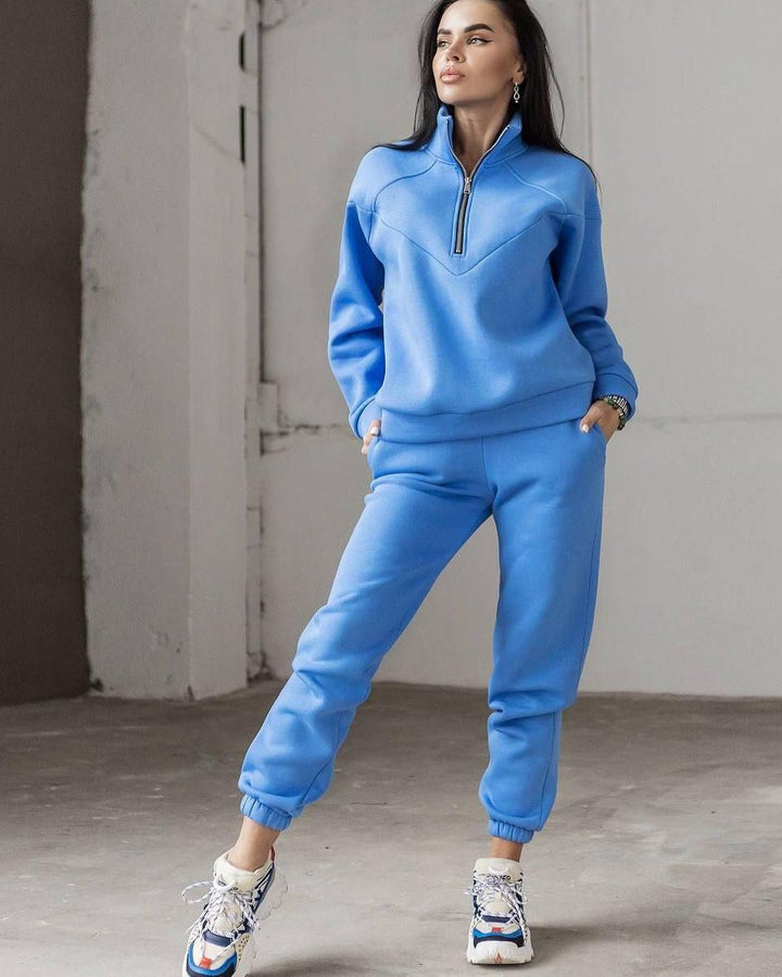Women's Two-Piece Sweat Loungewear Set with Troyer Zipper and Elastic Jogging Pants Mune Fashion