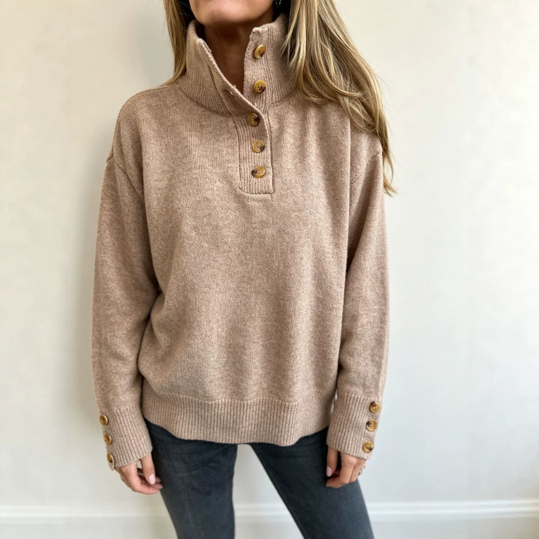 Women's knit sweater with high button collar, decorative front placket and decorative buttons Mune Fashion