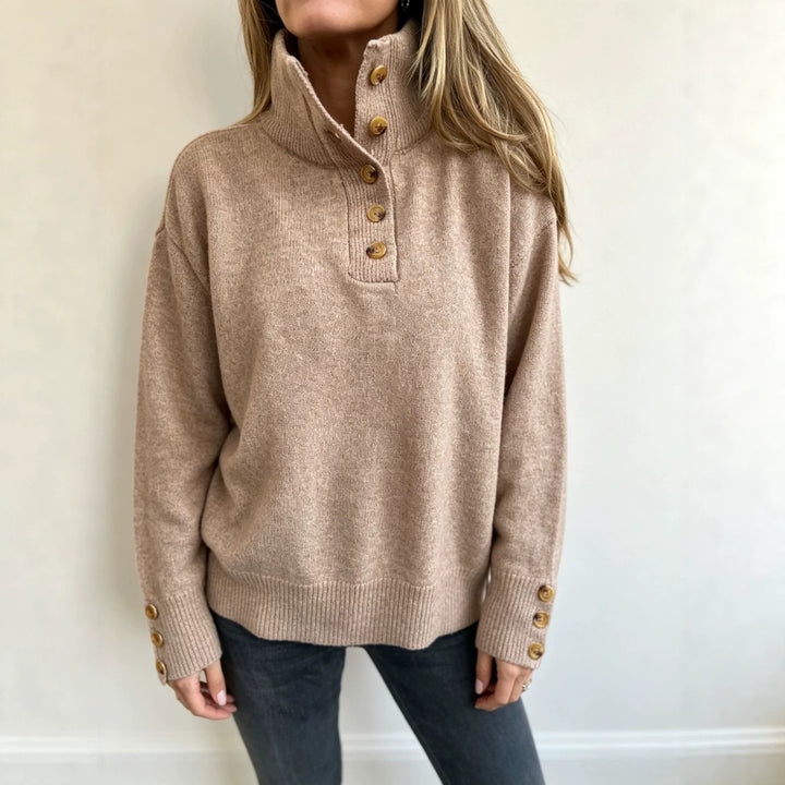 Women's knit sweater with high button collar, decorative front placket and decorative buttons Mune Fashion