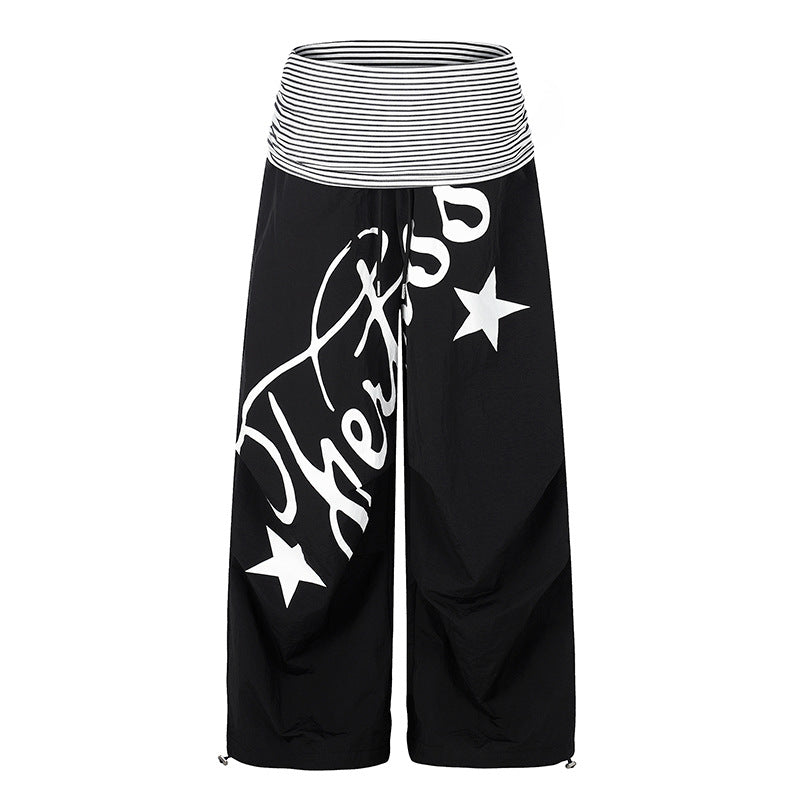 Women's Wide Palazzo Pants with High Striped Comfort Waistband and Statement Print Mune Fashion