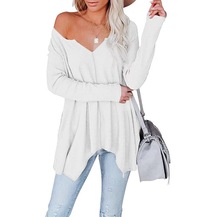 Women's Casual Waffle Knit Tunic Top with V-Neck, Off-Shoulder and Asymmetrical Hem Mune Fashion