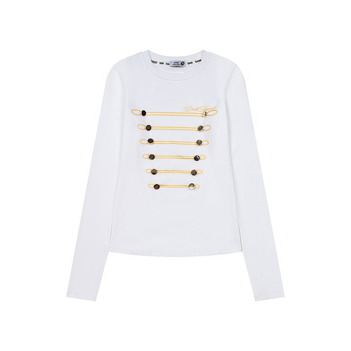 Women's Long Sleeve Shirt with Decorative Cord and Button Application Mune Fashion