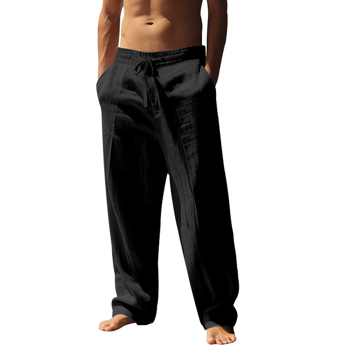 Men's relaxed fit palazzo pants made of linen blend with decorative crease and drawstring Mune Fashion