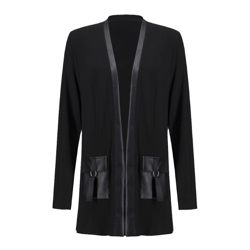 Women’s open jersey cardigan with faux leather trim and D-ring pockets Mune Fashion
