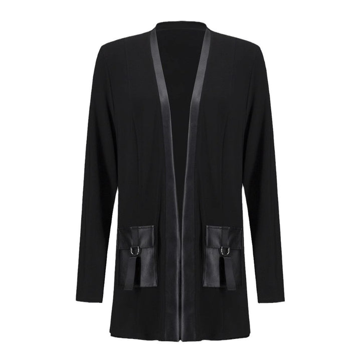 Women’s open jersey cardigan with faux leather trim and D-ring pockets Mune Fashion