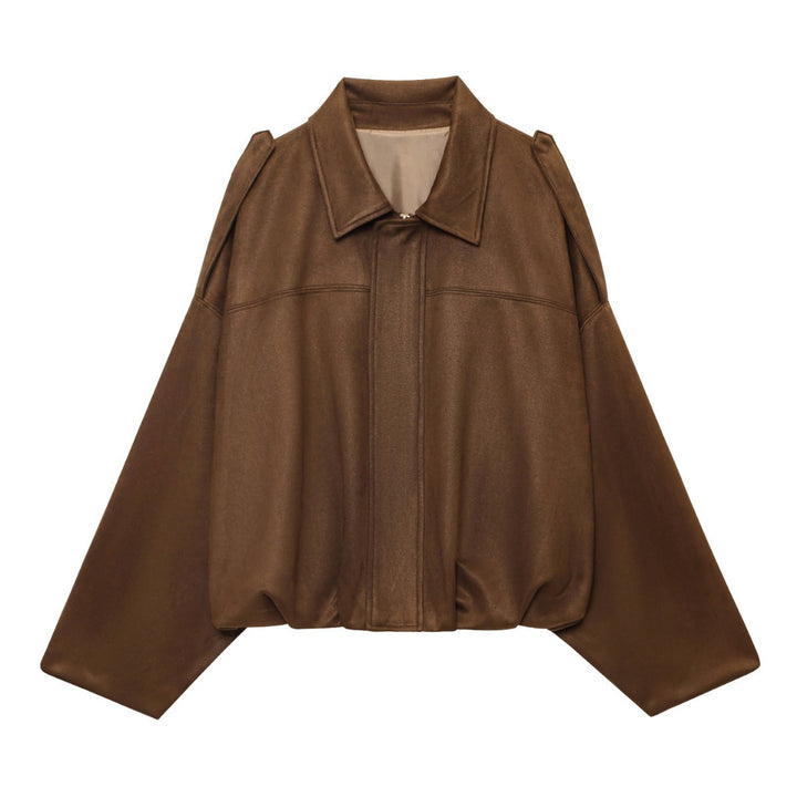 Women slightly oversized short jacket in suede look with lapel collar, shoulder flaps and elastic hem Mune Fashion