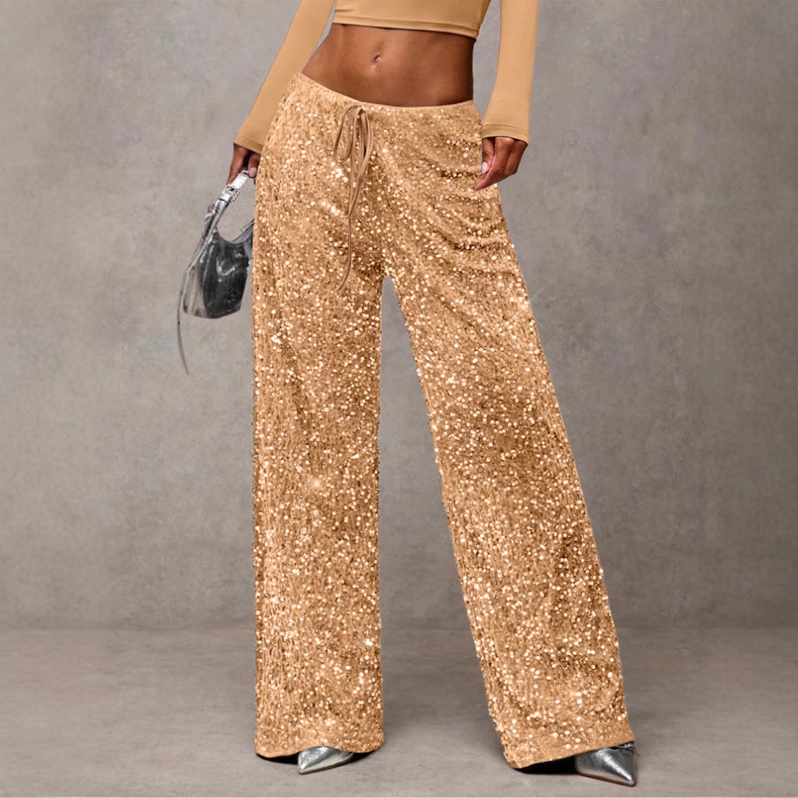 Women Sequin Palazzo Trousers with High Waist and Drawstring Mune Fashion