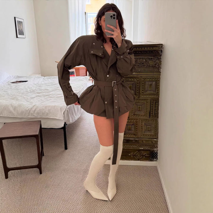Women’s short tailored trench coat with stand-up collar and tie belt Mune Fashion