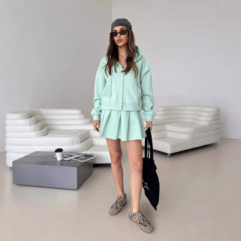 Women's Short Zip Hoodie with Pleated Mini Skirt Lounge Set Mune Fashion