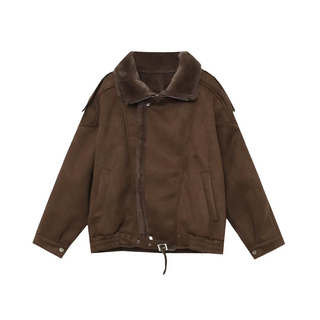 Women's Oversized Aviator Jacket with Teddy Lining, Stand Collar and Waist Belt Mune Fashion