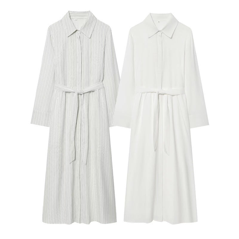 Women Long Shirt Dress with Waist Belt and Continuous Button Placket Mune Fashion
