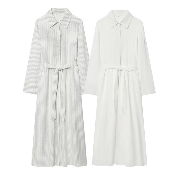 Women Long Shirt Dress with Waist Belt and Continuous Button Placket Mune Fashion