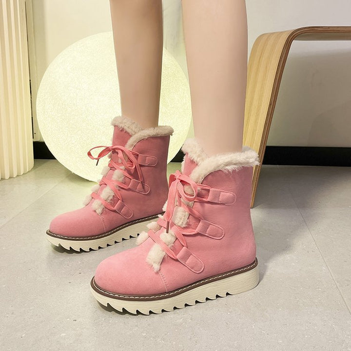 Women's Winter Lace-Up Boots in Trekking Look with Teddy Lining and Notched Wedge Sole Mune Fashion