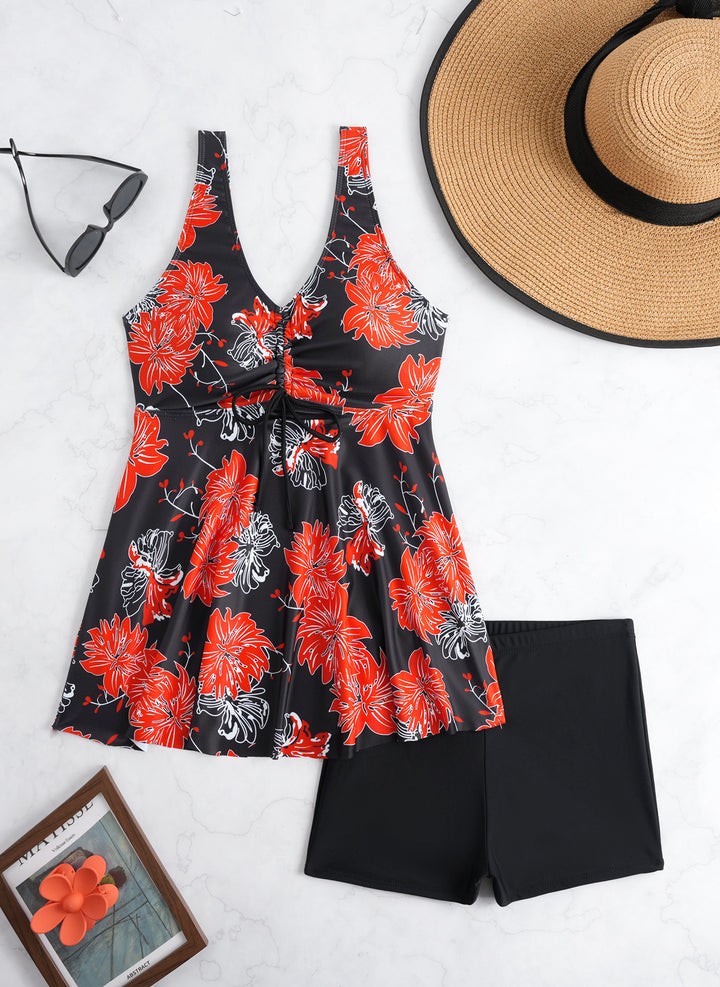 Ladies' tankini set with stylish ruffle and graphic peacock pattern Mune Fashion