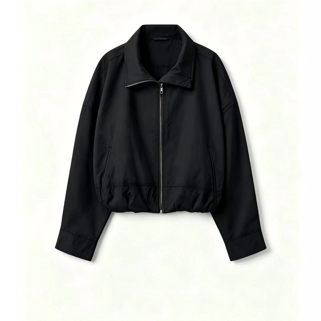 Women's Lightweight Short Bomber Jacket with Stand-up Collar, Drawstring Waist and Concealed Zipper Mune Fashion