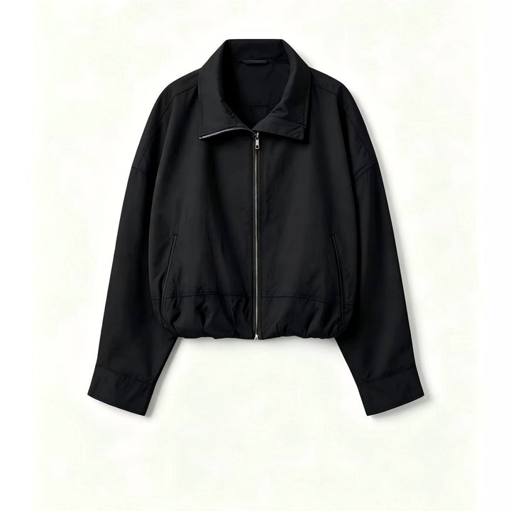 Women's Lightweight Short Bomber Jacket with Stand-up Collar, Drawstring Waist and Concealed Zipper Mune Fashion