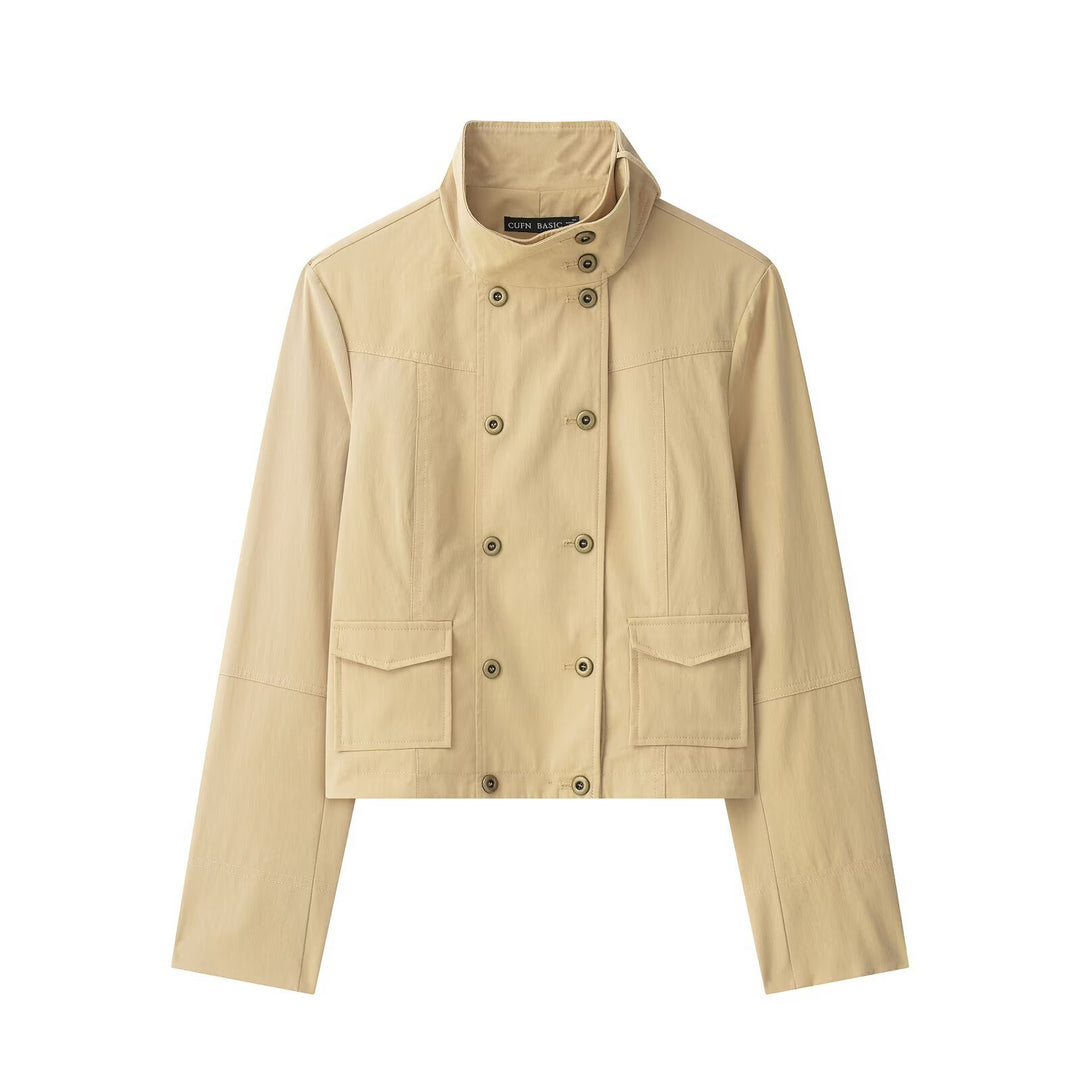 Women Short Double-Breasted Field Blouson in Utility Style with Stand-Up Collar Drune