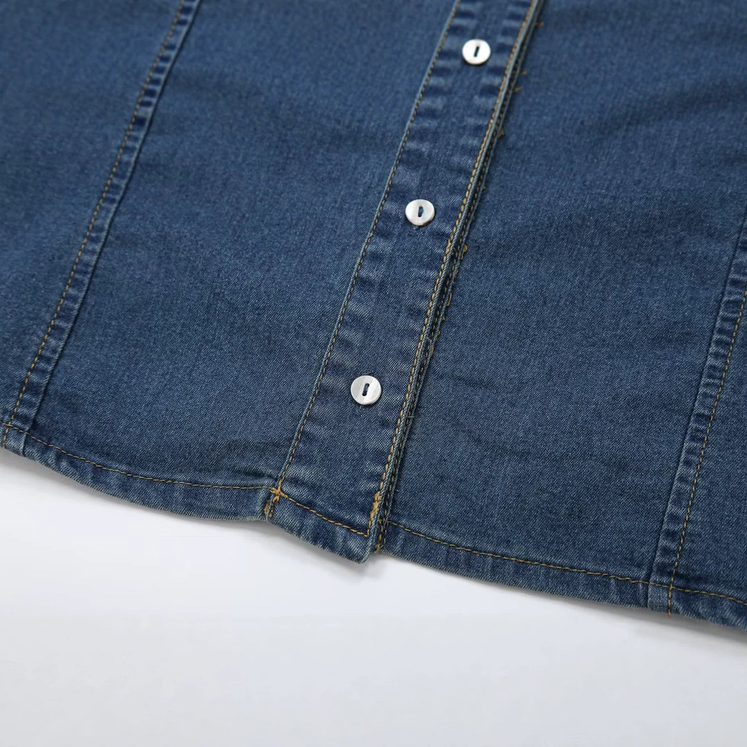 Women's Short Sleeve Denim Shirt Dress with Full Button Placket and Chest Flap Pockets Mune Fashion