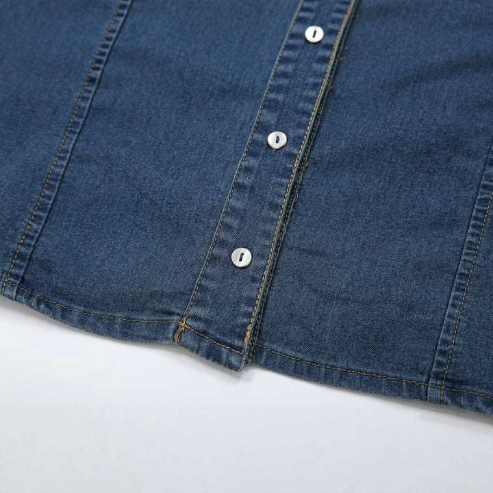 Women's Short Sleeve Denim Shirt Dress with Full Button Placket and Chest Flap Pockets Mune Fashion