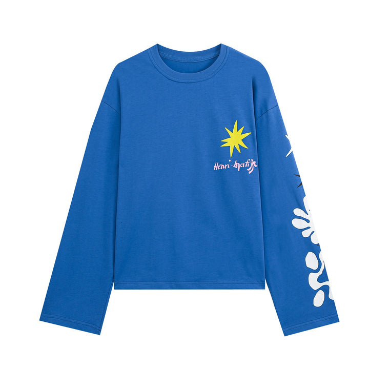Women Cropped Oversize Long Sleeve Shirt with Graphic Print and Round Neckline Mune Fashion