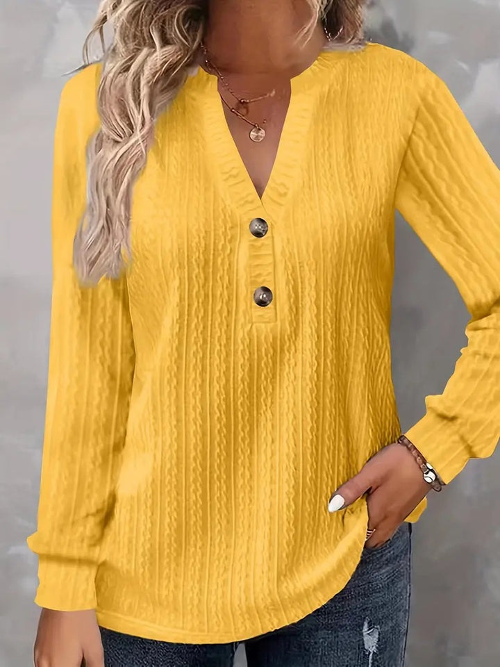Women Structured V-Neck Long Sleeve Shirt with Decorative Button Placket Mune Fashion