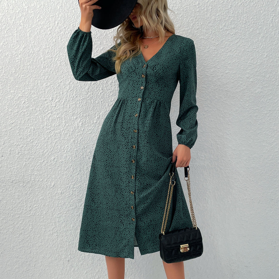 Women's V-neck midi dress with button placket, tailored fit and balloon sleeves Mune Fashion