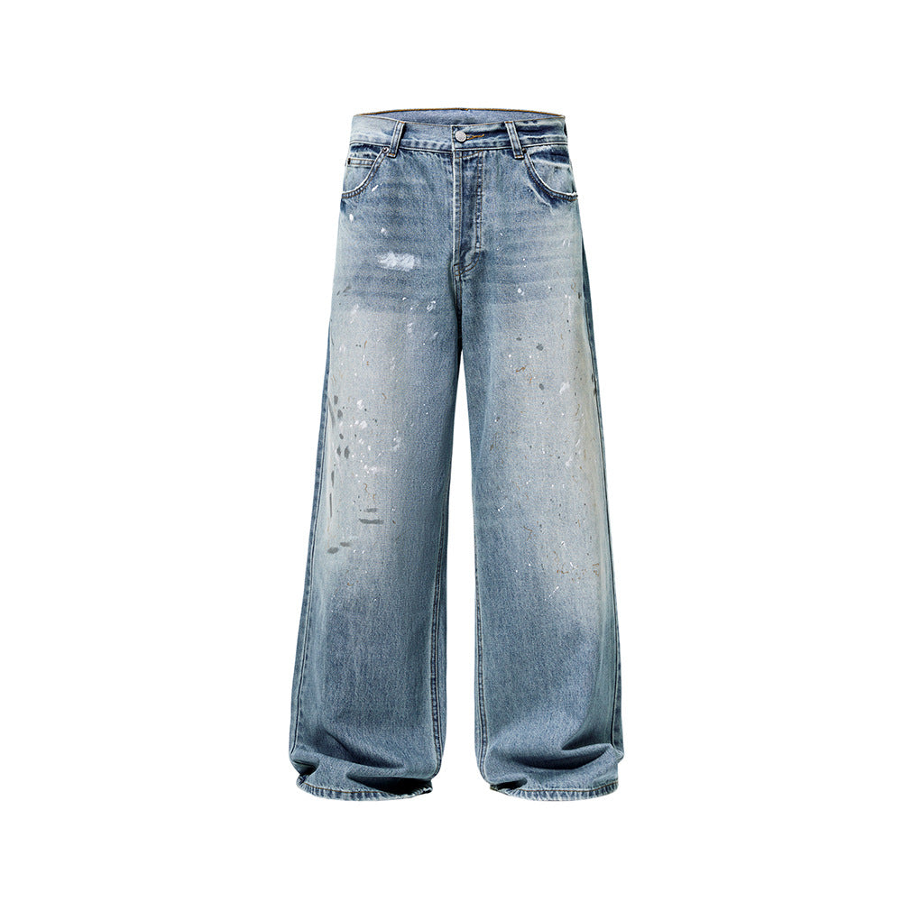Men's wide baggy jeans with paint splatter effect and vintage wash Mune Fashion
