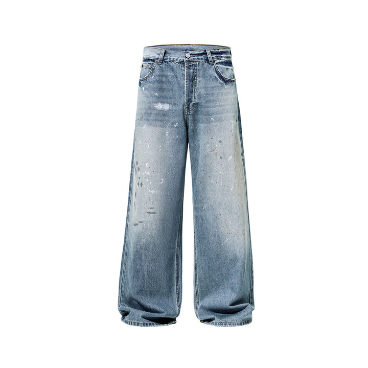 Men's wide baggy jeans with paint splatter effect and vintage wash Mune Fashion