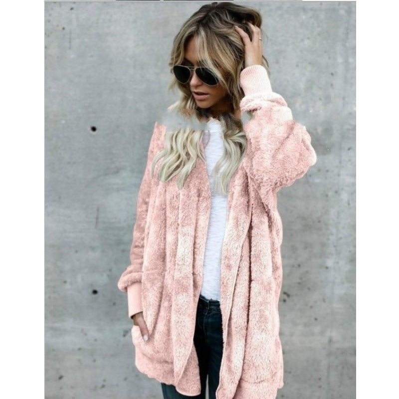 Women's Cozy Teddy Fleece Cardigan with Hood, Oversized Cut and Patch Pockets Mune Fashion