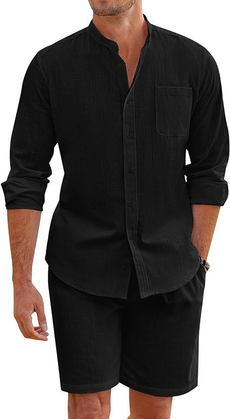 Men's linen-look two-piece set with stand-up collar shirt, chest pocket, and casual shorts Mune Fashion