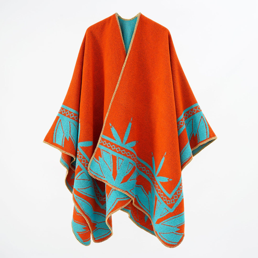 Women's Coarse Woven Poncho Cape made of Wool Blend with V-Neck and Ornamental Jacquard Mune Fashion
