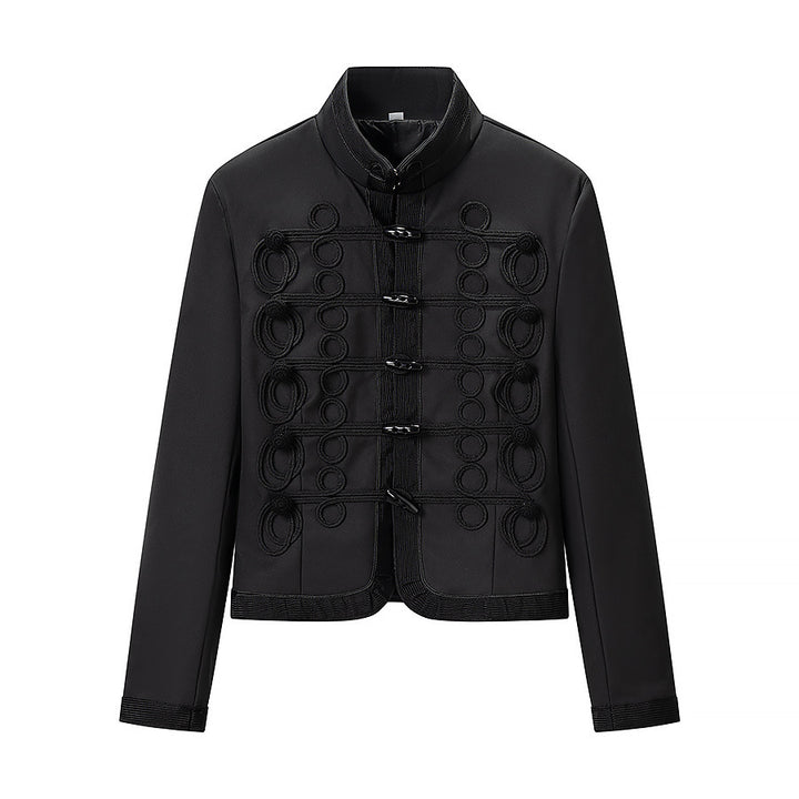 Ladies short blazer in marshal style with stand-up collar and decorative braid trim Mune Fashion
