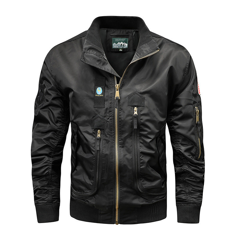 Men's Nylon Bomber Jacket in Aviator Style with Utility Pockets and Sleeve Pocket Mune Fashion