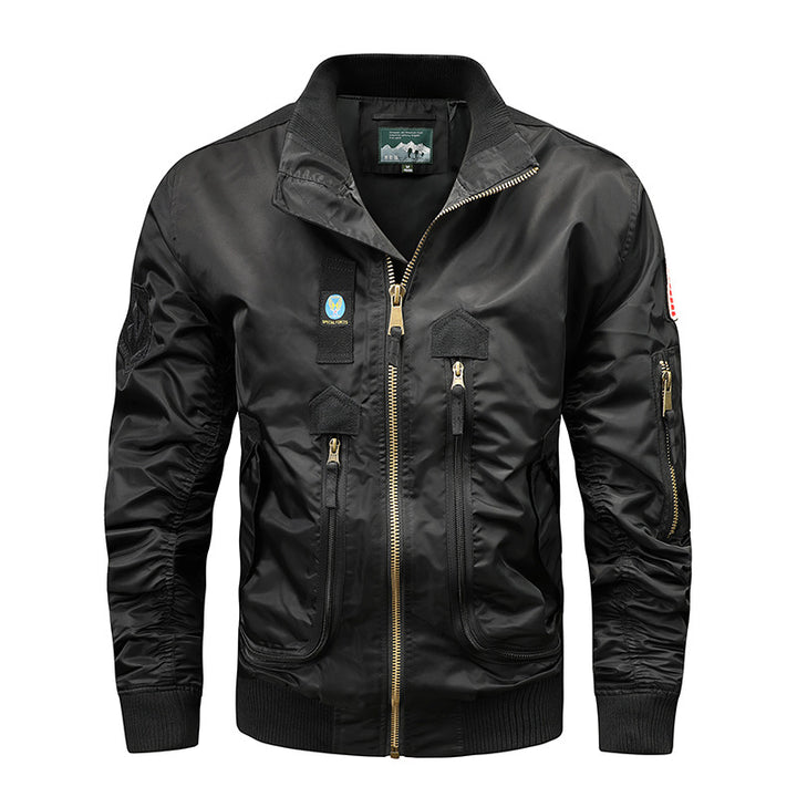 Men's Nylon Bomber Jacket in Aviator Style with Utility Pockets and Sleeve Pocket Mune Fashion